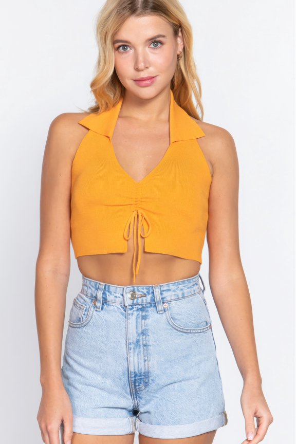 Basic Front Ruched Halter Neck Sweater Knit Crop Top, Mango Sherbet (Women's)