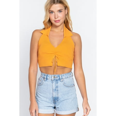 Saronite Basic Front Ruched Halter Neck Sweater Knit Crop Top, Mango Sherbet (Women's)