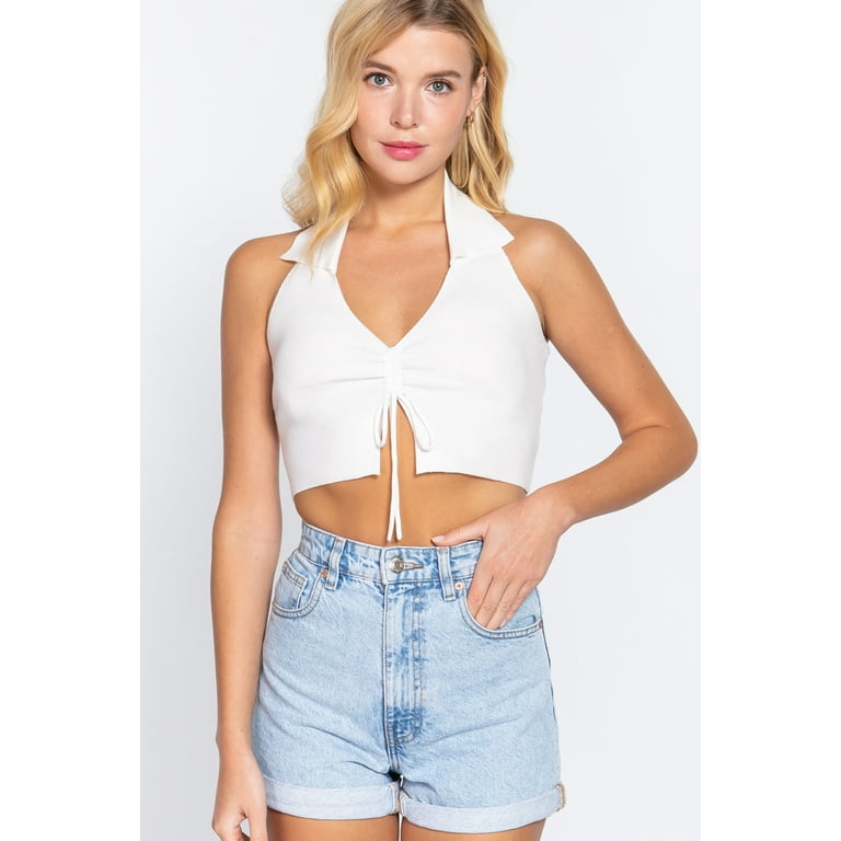 Saronite Basic Front Ruched Halter Neck Sweater Knit Crop Top Off White Women s Size Small Beige
