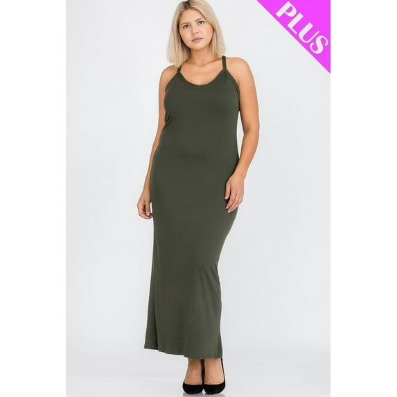 Saronite Basic Racer Back Cami Straps Maxi Dress, Olive (Women's Plus)