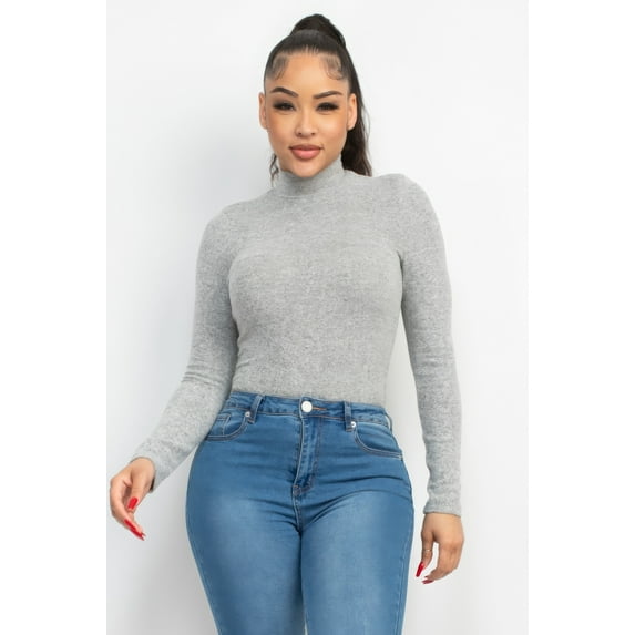 Saronite Basic Rayon Mock Neck Long Sleeve Top, Grey (Women's)