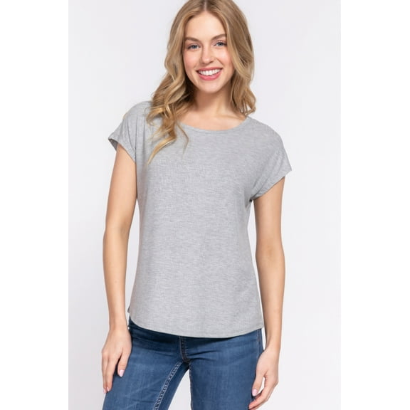 Saronite Basic Rayon Ribbed Knit Short Dolman Sleeve Shirt Top, Heather Grey (Women's)