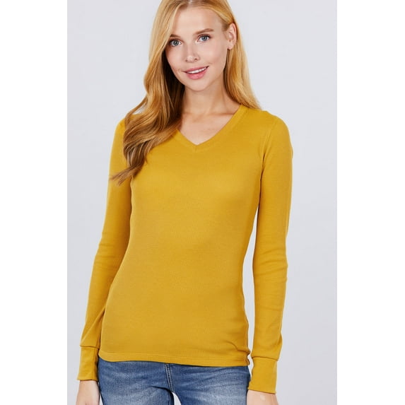 Saronite Basic Ribbed Knit Cotton V Neck Long Sleeve Thermal Top, Deep Mustard (Women's)