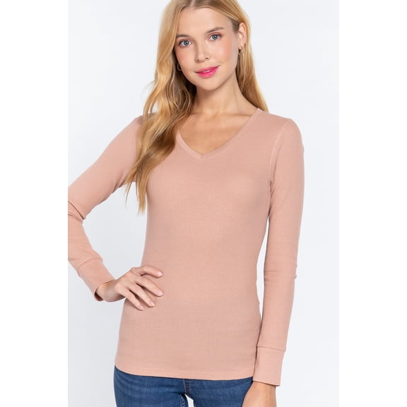 Saronite Basic Ribbed Knit Cotton V Neck Long Sleeve Thermal Top, Pale Blush (Women's)