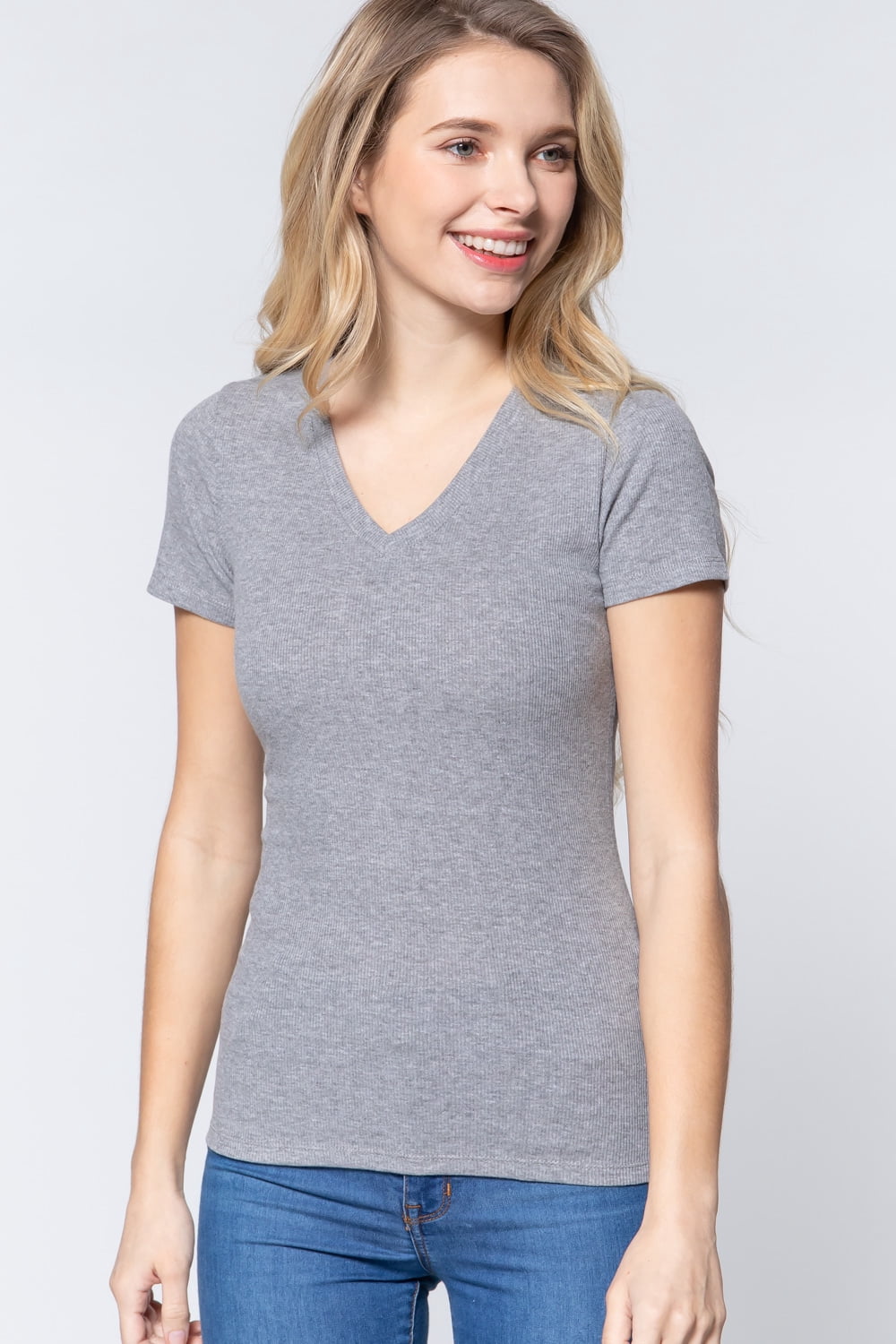 Saronite Basic Ribbed Knit Cotton V Neck Short Sleeve Shirt Top ...