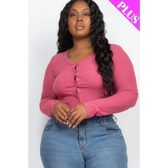 Saronite Basic Ribbed Knit Long Sleeve Front Button Up Crop Top, Dark Mauve (Women's Plus)