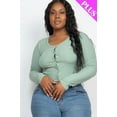 thumbnail image 1 of Saronite Basic Ribbed Knit Long Sleeve Front Button Up Crop Top, Green Bay (Women's Plus), 1 of 5