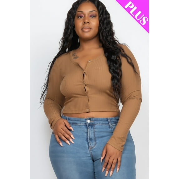 Saronite Basic Ribbed Knit Long Sleeve Front Button Up Crop Top, Mocha (Women's Plus)