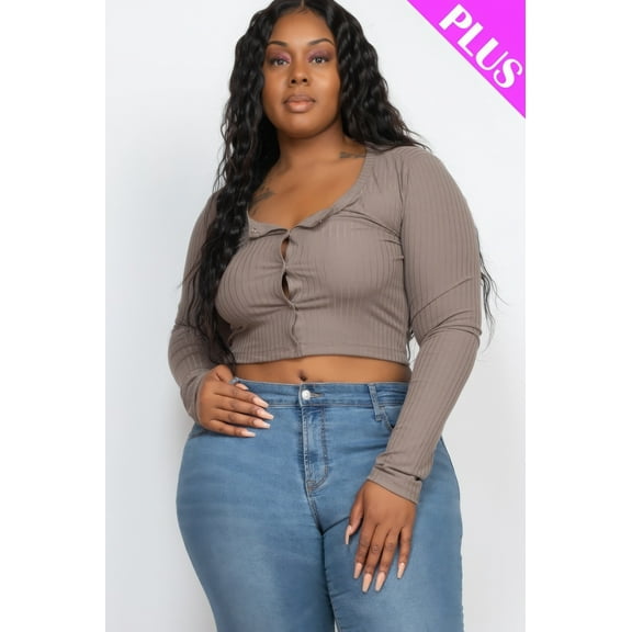 Saronite Basic Ribbed Knit Long Sleeve Front Button Up Crop Top, Taupe (Women's Plus)