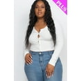 thumbnail image 1 of Saronite Basic Ribbed Knit Long Sleeve Front Button Up Crop Top, White (Women's Plus), 1 of 1