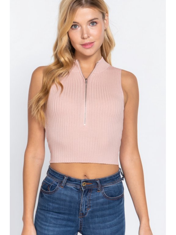 Basic Ribbed Knit Mock Neck Front Zipper Sweater Crop Top, Cloud Pink (Women's)