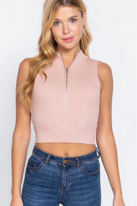 Basic Ribbed Knit Mock Neck Front Zipper Sweater Crop Top, Cloud Pink (Women's)
