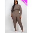 thumbnail image 1 of Saronite Basic Ribbed Knit Mock Neck Long Sleeve Top & Leggings 2-Piece Set, Taupe (Women's Plus), 1 of 1