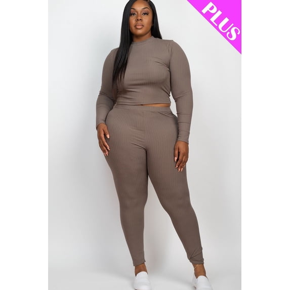 Saronite Basic Ribbed Knit Mock Neck Long Sleeve Top & Leggings 2-Piece Set, Taupe (Women's Plus)