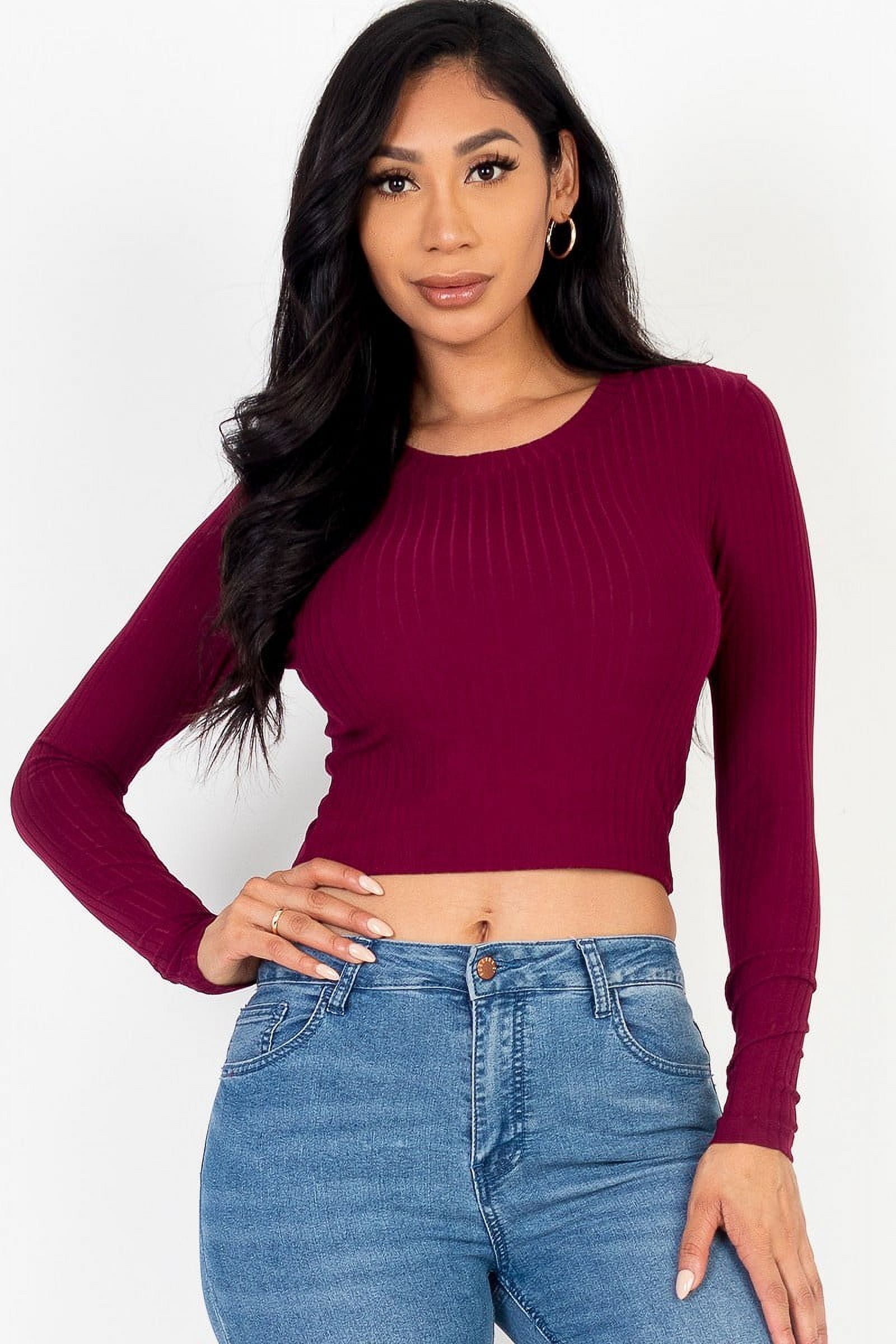 Saronite Basic Ribbed Knit Round Neck Long Sleeve Crop Top, Burgundy ...