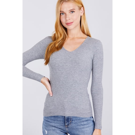 Saronite Basic Ribbed Knit V Neck Long Sleeve Sweater Top, Heather Grey (Women's)