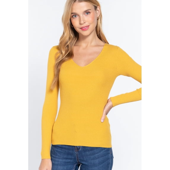 Saronite Basic Ribbed Knit V Neck Long Sleeve Sweater Top, Honey Mustard (Women's)