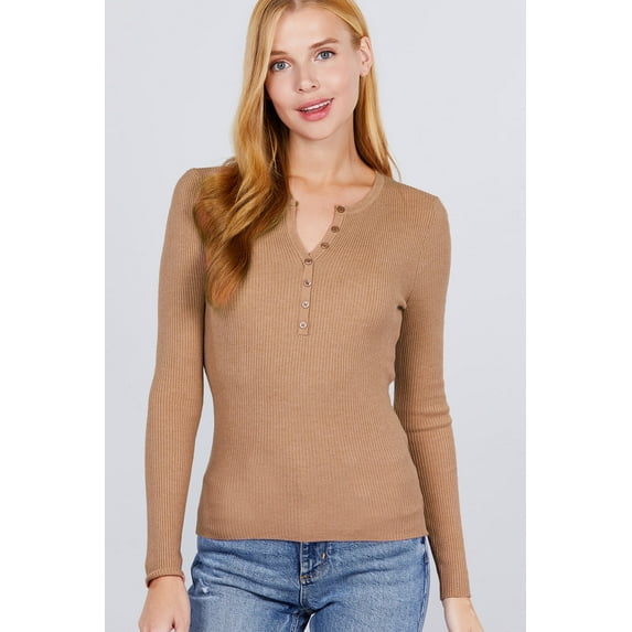 Saronite Basic Ribbed Knit Viscose Long Sleeve Henley Sweater Top, Khaki (Women's)