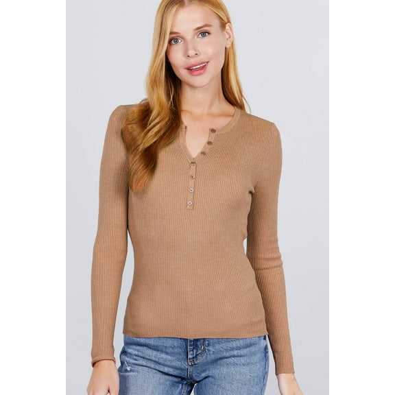 Saronite Basic Ribbed Knit Viscose Long Sleeve Henley Sweater Top, Khaki (Women's)
