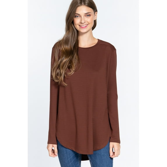 Saronite Basic Round Neck Long Sleeve Side Slit French Terry Tunic Top, Coffee (Women's)