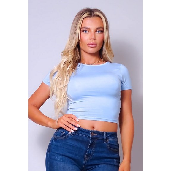 Saronite Basic Round Neck Neck Short Sleeve Crossover Multi Way Tie Crop Top, Light Blue (Women's)