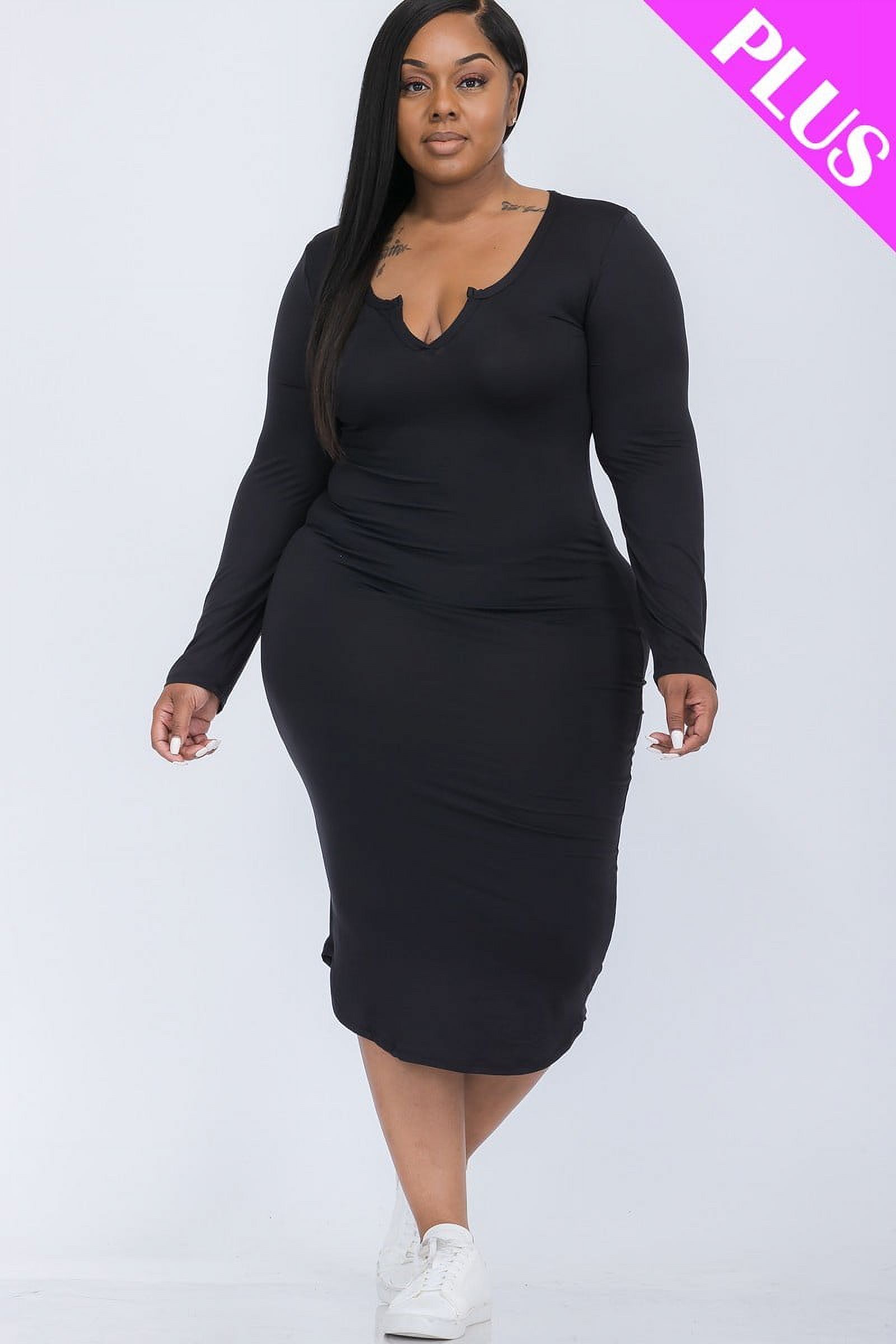 Basic Mode Plus Saronite Basic Split Neck Long Sleeve Midi Dress, Black (Women's Plus ...