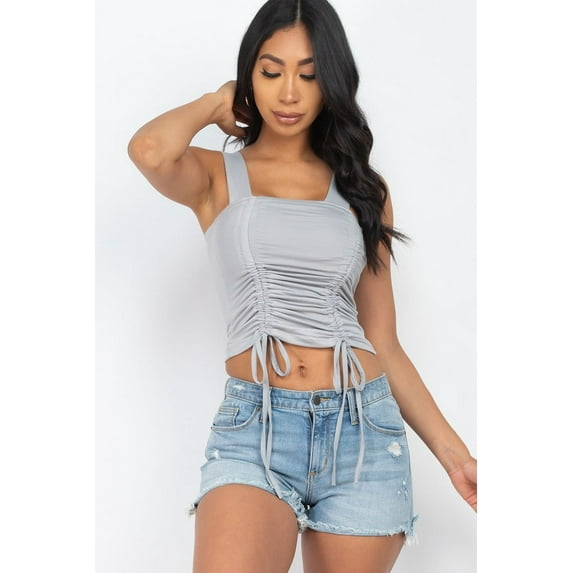 Saronite Basic Square Neck Sleeveless Front Ruched Crop Top, Grey (Women's)