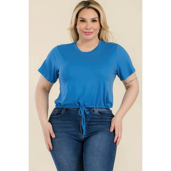 Saronite Basic Tie Front Short Sleeve Crop Top, Black (Women's Plus)