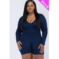 thumbnail image 1 of Saronite Basic V Neck Long Sleeve Bodycon Romper, Navy (Women's Plus), 1 of 1