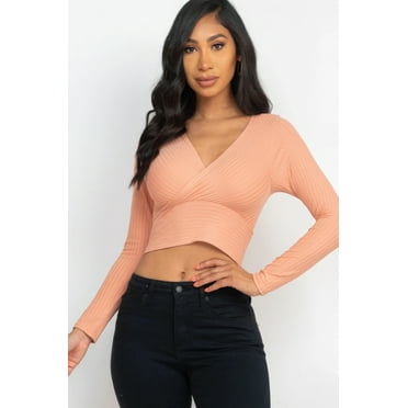 Saronite Basics Ribbed Knit Wrap Front V Neck Long Sleeve Crop Top, Sun Baked (Women's)