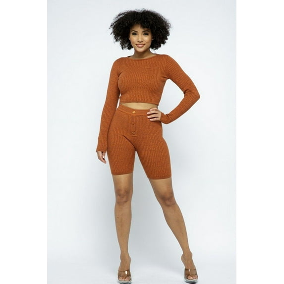 Saronite Basics Ribbed Round Neck Long Sleeve Knit Crop Top & High Waisted Biker Shorts 2-Piece Set, Brown (Women's)
