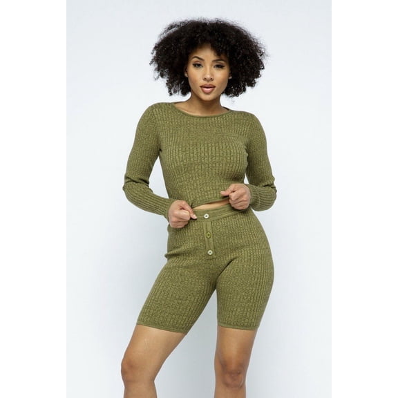 Saronite Basics Ribbed Round Neck Long Sleeve Knit Crop Top & High Waisted Biker Shorts 2-Piece Set, Olive (Women's)
