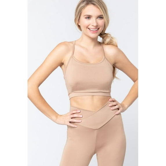 Saronite Basics Seamless Cross Back Workout Cami Sports Bra Top, Light Khaki (Women's)