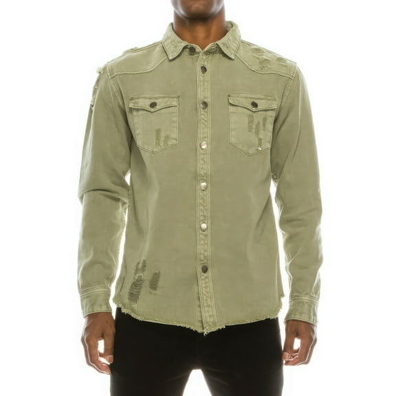 Saronite Basics Solid Ripped Cotton Denim Front Button Ribbed Knit Overshirt Top, Jade (Men's)