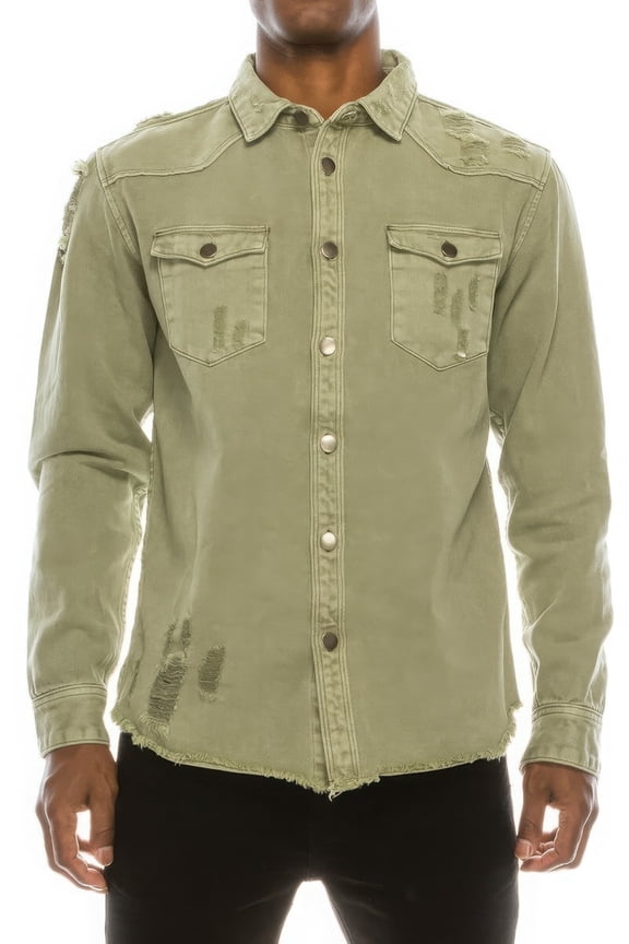 Basics Solid Ripped Cotton Denim Front Button Ribbed Knit Overshirt Top, Jade (Men's)