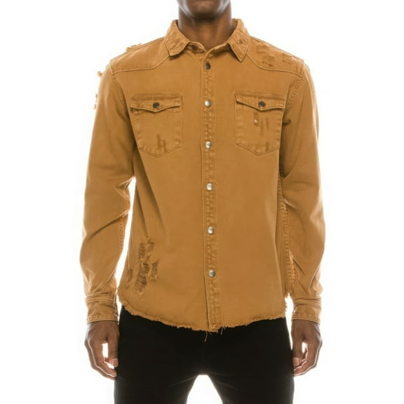 Saronite Basics Solid Ripped Cotton Denim Front Button Ribbed Knit Overshirt Top, Wheat (Men's)