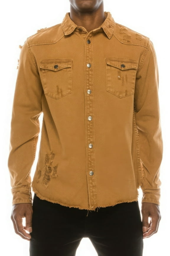 Basics Solid Ripped Cotton Denim Front Button Ribbed Knit Overshirt Top, Wheat (Men's)