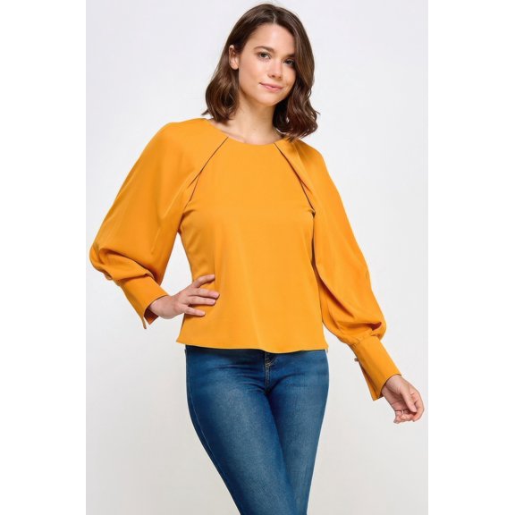 Saronite Basics Solid Round Neck Raglan Long Sleeve Casual Top With Back Neck Tied, Mustard (Women's)