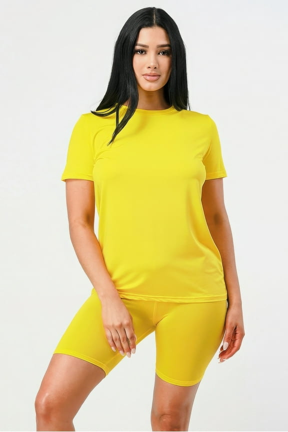 Basics Two Pieces Short Sleeve Seamless Stretchy Fit T-Shirt Top Biker Short Sets, Yellow (Women's)