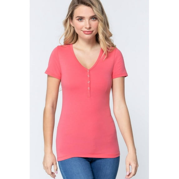 Saronite Basics V Neck Short Sleeve Henley Knit Shirt Top, Rose Pink (Women's)