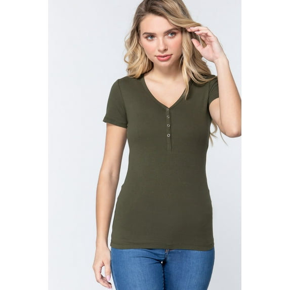 Saronite Basics V Neck Short Sleeve Henley Knit Shirt Top, True Olive (Women's)