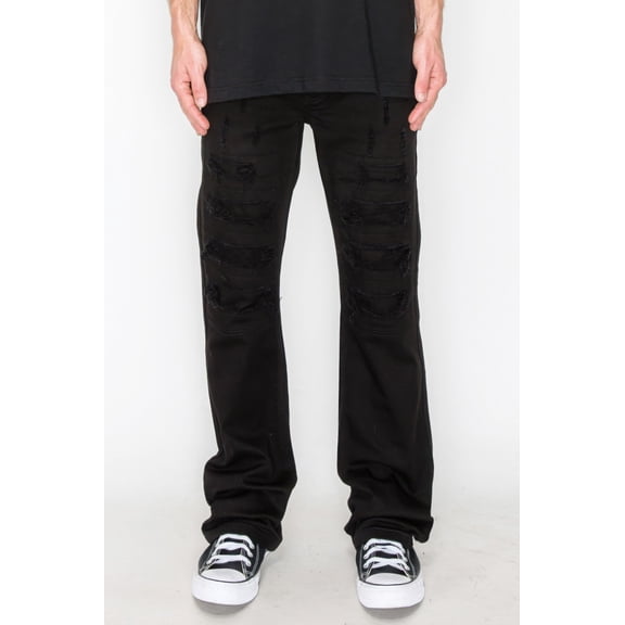 Saronite Bootcut Rip & Repair 5-Pocket Design Cotton Colored Classic Jeans, Black (Men's)