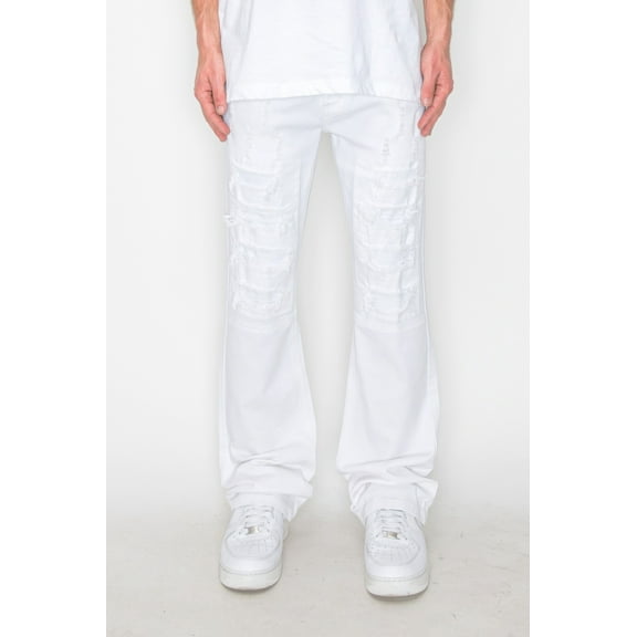 Saronite Bootcut Rip & Repair 5-Pocket Design Cotton Colored Classic Jeans, White (Men's)