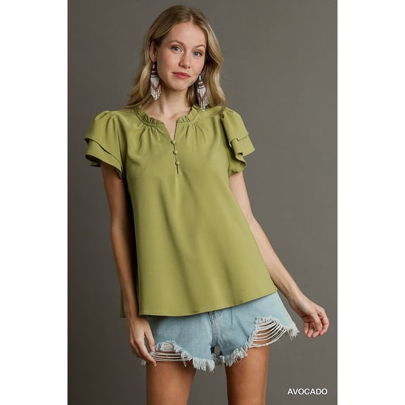 Saronite Boxy Cut Faux Button Ruffle Neckline Top With Short Layered Sleeves, Avocado (Women's)