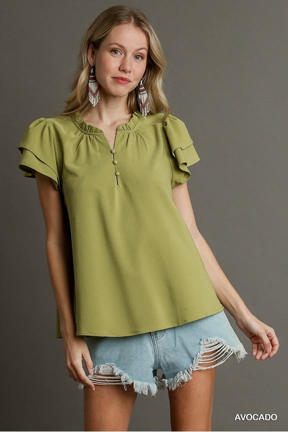 Boxy Cut Faux Button Ruffle Neckline Top With Short Layered Sleeves, Avocado (Women's)