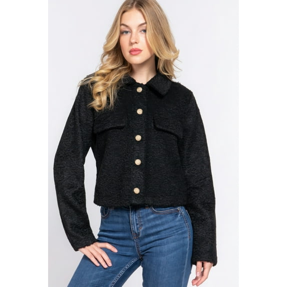 Saronite Button Down Front Long Sleeve Teddy Thermal Fleece Short Jacket, Black (Women's)