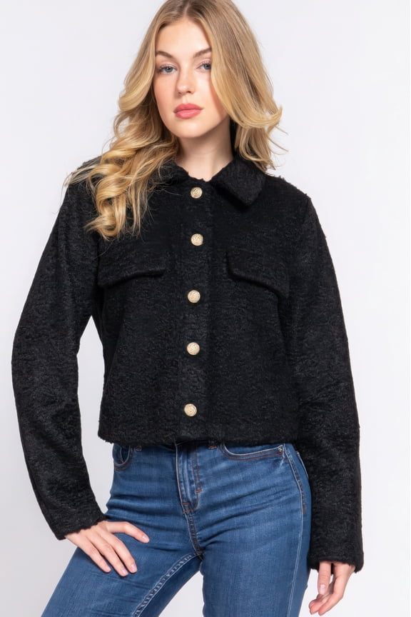 Button Down Front Long Sleeve Teddy Thermal Fleece Short Jacket, Black (Women's)