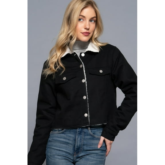 Saronite Button Front Closure Sherpa-lined Thermal Long Sleeve Cotton Twill Jacket, Black (Women's)