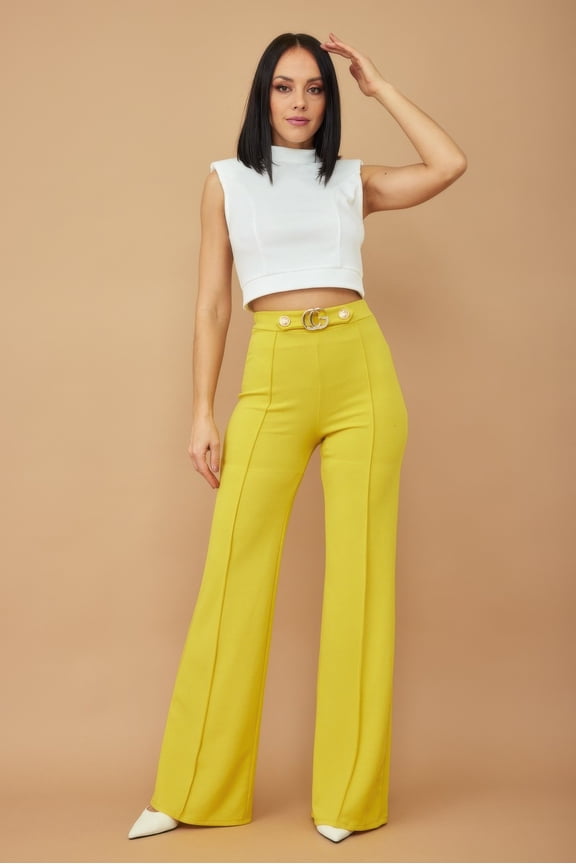 CG Buckle and Button Detail Pants, Lemon (Women's)