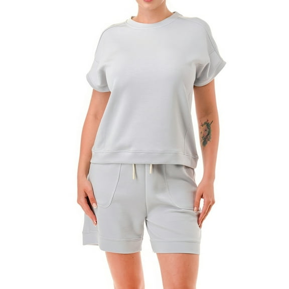 Saronite Casual Air Cotton Round Neck Short Sleeves Monochrome Tee T Shirt Top and Shorts Set, Light Grey (Women's)